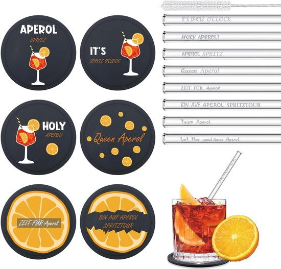 14 pezzi di spritz con regalo, inclusi 8 stecchi di giunco con frasi e 6 sottopiedini in silicone, accessori per spritz per donne, uomini, colleghi, amici