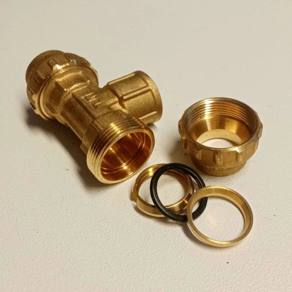 Raccordo f 25x3/4x25 tee t di giunzione in ottone tenuta o-ring ed ogiva in ottone