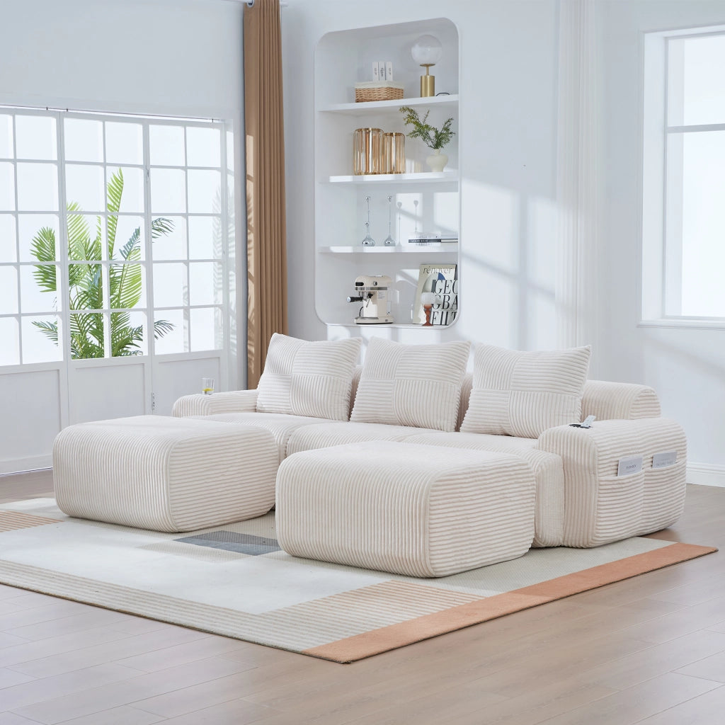 Divano modulare 3 posti con portabicchieri e tasca laterale in tessuto corduroy beige 268 × 174 × 66 cm