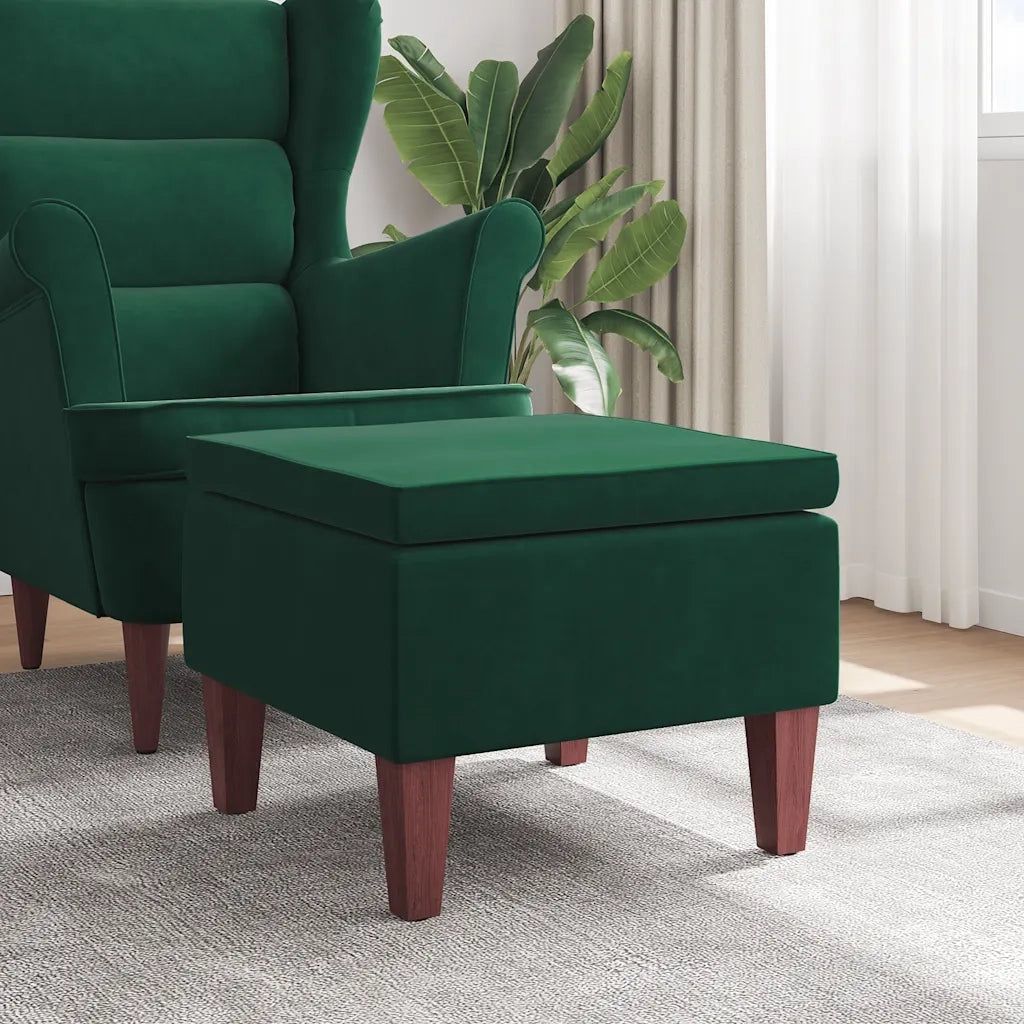 Poggiapiedi con Gambe in Legno Verde Scuro in Velluto