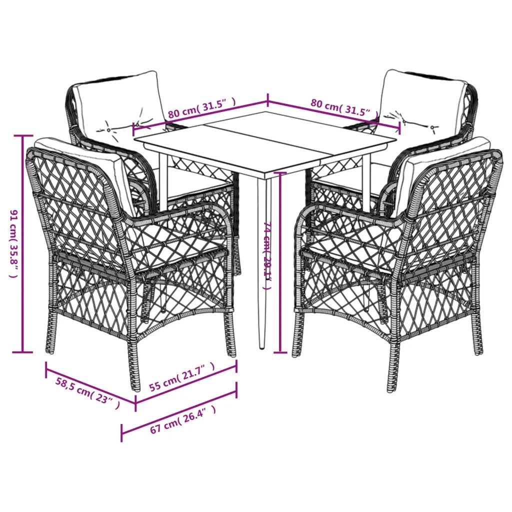 Set da Pranzo da Giardino 5 pz Nero con Cuscini in Polyrattan