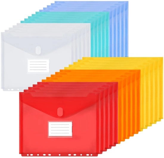 Confezione da 30 cartellini documentali A4, borse documentali A4, cartellini documentali impermeabili con 11 fori per l'organizzazione dei documenti, articoli da ufficio (6 colori)