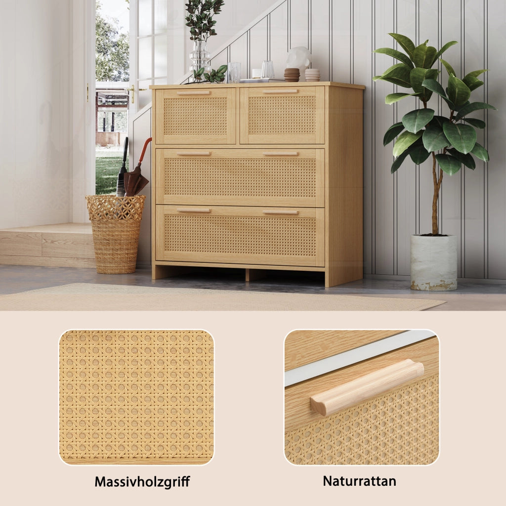 OKWISH Comò in Rattan con 4 Cassetti e Dispositivo Antiribaltamento, per Camera o Ingresso, MDF, Naturale, 80 × 38 × 80 cm