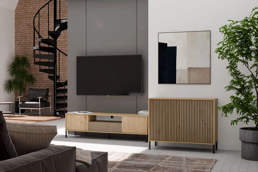 Cassettiera KAMARO 2d slim rovere artisan doghe decorative frontale scanalato per camera e soggiorno