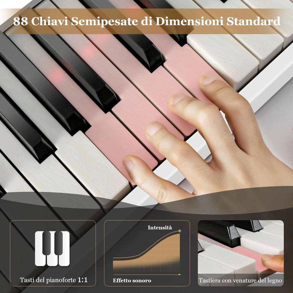 Tastiera Elettronica 88 Tasti Illuminati, Pianoforte Digitale Pieghevole Portatile con Custodia, Sustain Pedali, Modalità di Insegnamento, MP3/USB/MIDI/Bluetooth (Bianco)