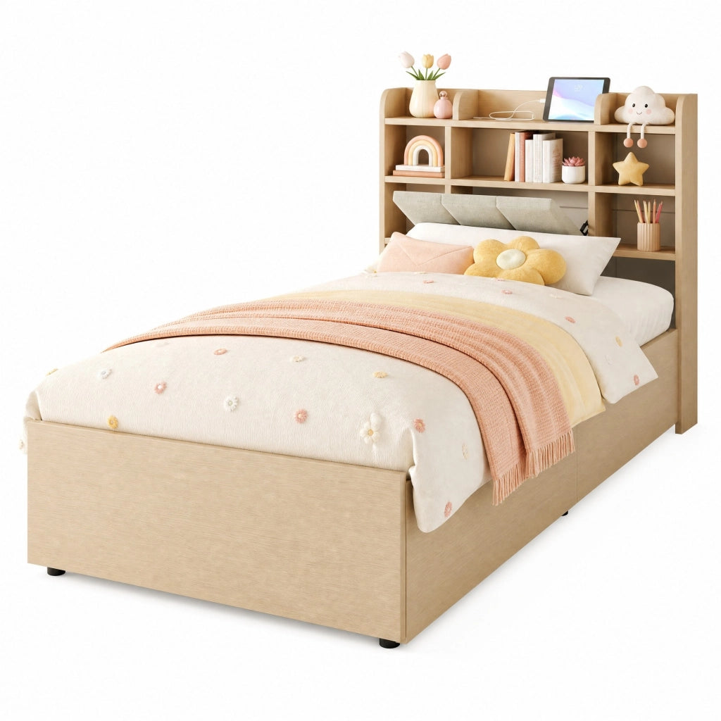 Letto singolo 90x200 cm con contenitore idraulico e USB-C