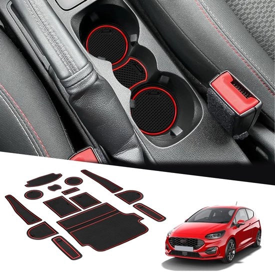Accessori per Ford Fiesta MK8 2017-2023 2024 - Middenconsole con supporto per braccio in gomma - 14 pezzi di gomma antislip per console e porta oggetti - 2 pezzi di gomma antislip per deuramastra