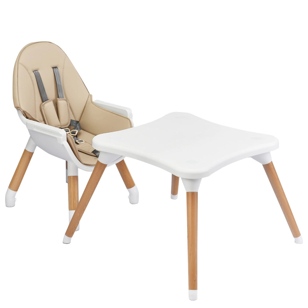 Seggiolone 4 in 1 con cintura di sicurezza a 5 punti, Vassoio smontabile e regolabile in 4 posizioni e cuscino in PU Beige-Seggioloni