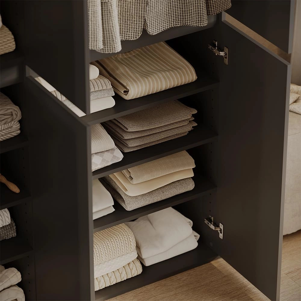 Armadio Claus, Antracite, 111 x 191.5 cm con 6 porte, per la conservazione di abbigliamento e accessori