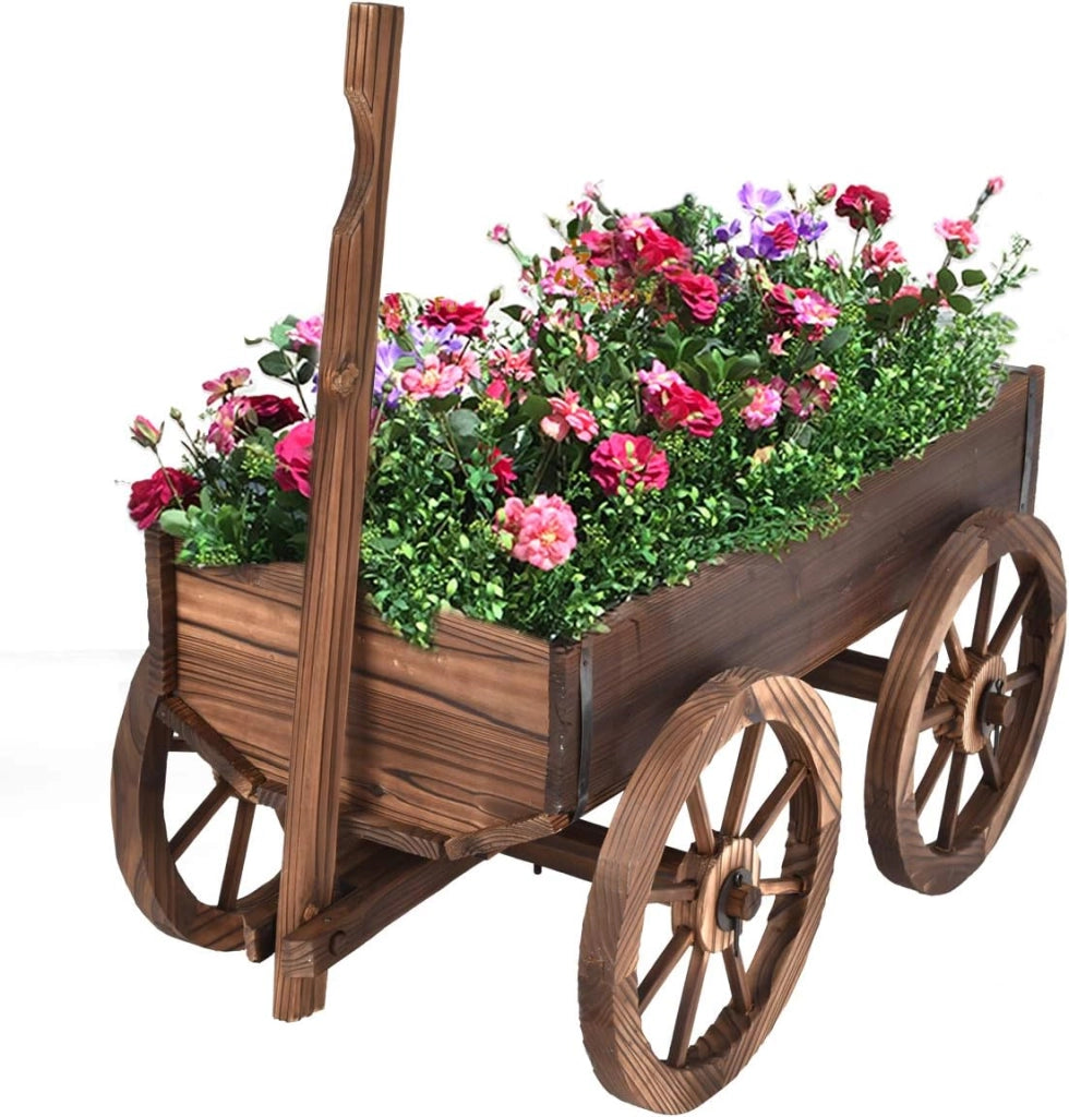 Carrello da giardino in legno di abete con 4 ruote grandi, manico regolabile, ideale per giardinaggio esterno, 120 x 43 x 54 cm, marrone