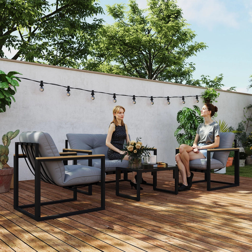 Set da Giardino 4 Pezzi con 2 Sedie, Divanetto 2 Posti e Tavolino, in Acciaio e Poliestere Grigio Chiaro e Nero