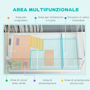Vasca per Tartarughe 51x31x25,5 cm con Filtro a 3 Livelli e Pannelli in Vetro e ABS Bianco