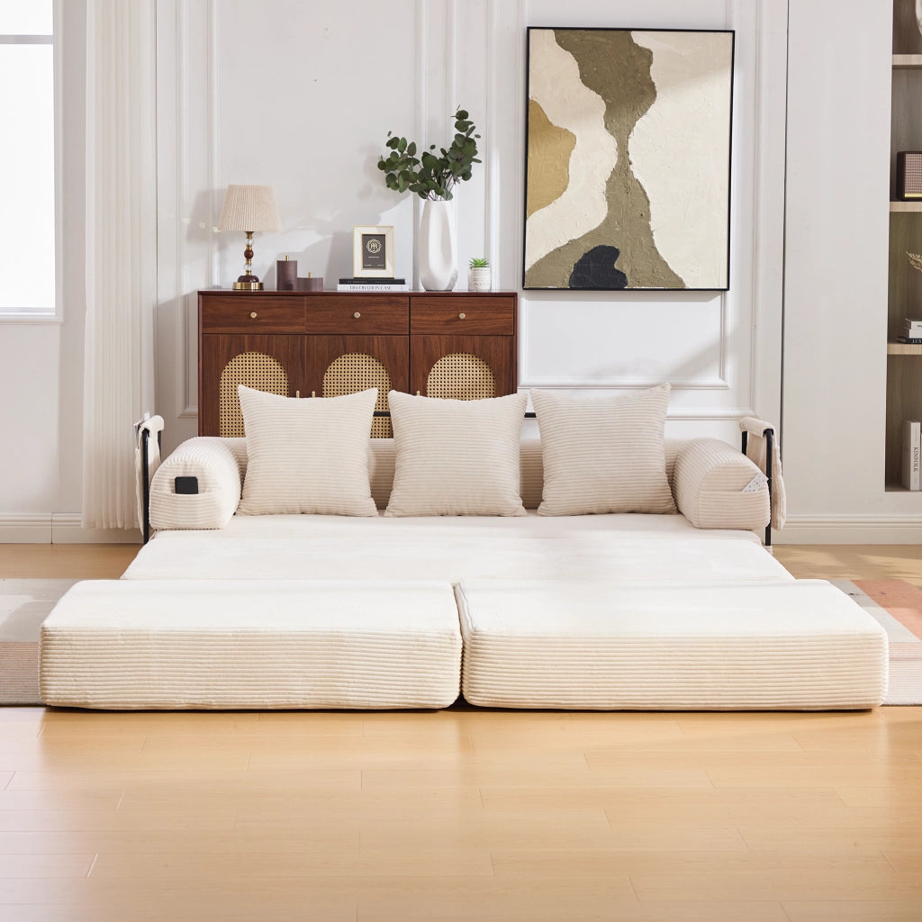 Divano modulare in corduroy con struttura in metallo, tasca laterale, 3 cuscini e pouf, design versatile beige