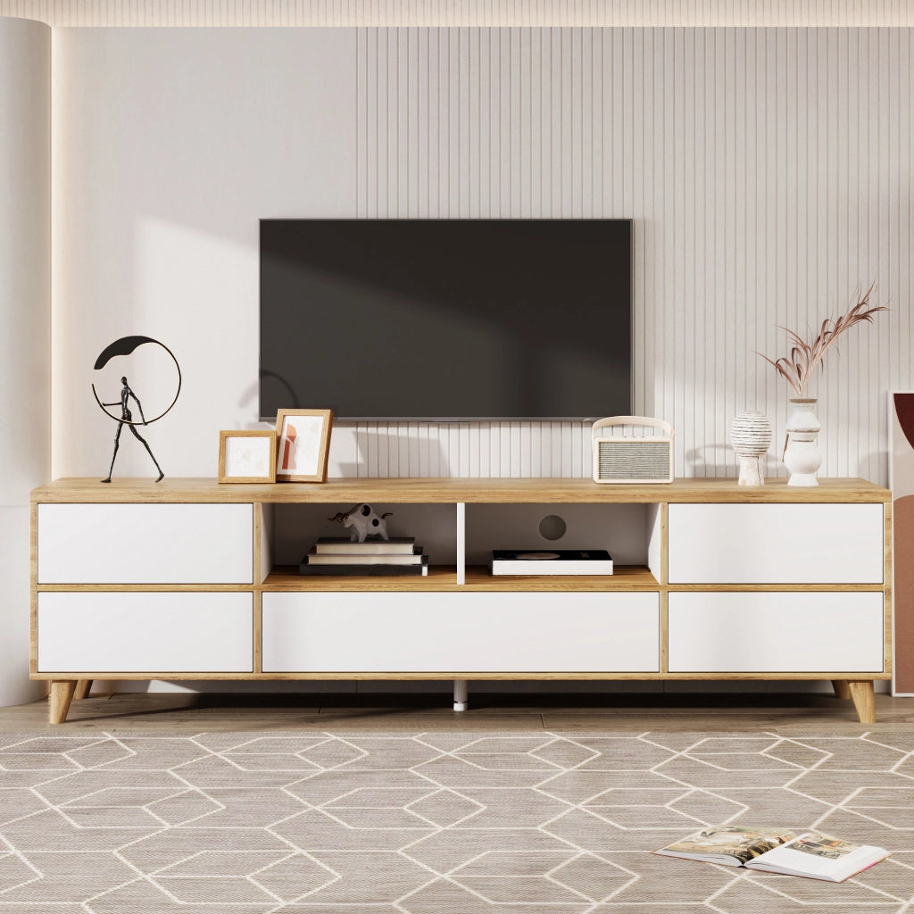 Mobile porta TV moderno con 4 vani e 4 ante in MDF bianco e legno per soggiorno 175 × 37 × 51 cm