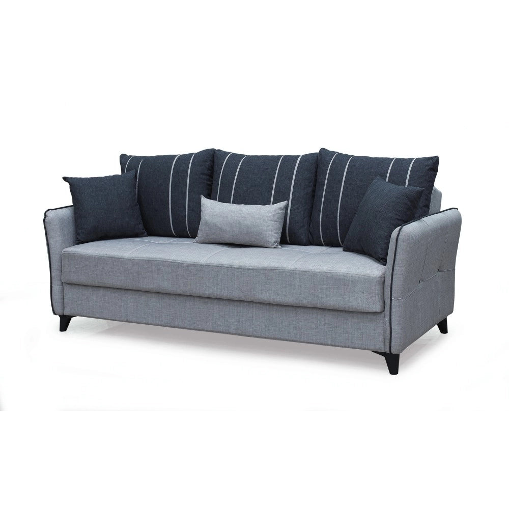 Divano 3 posti funzione letto contenitore Panama in tessuto grigio chiaro e cuscini grigio scuro 210x94x80h