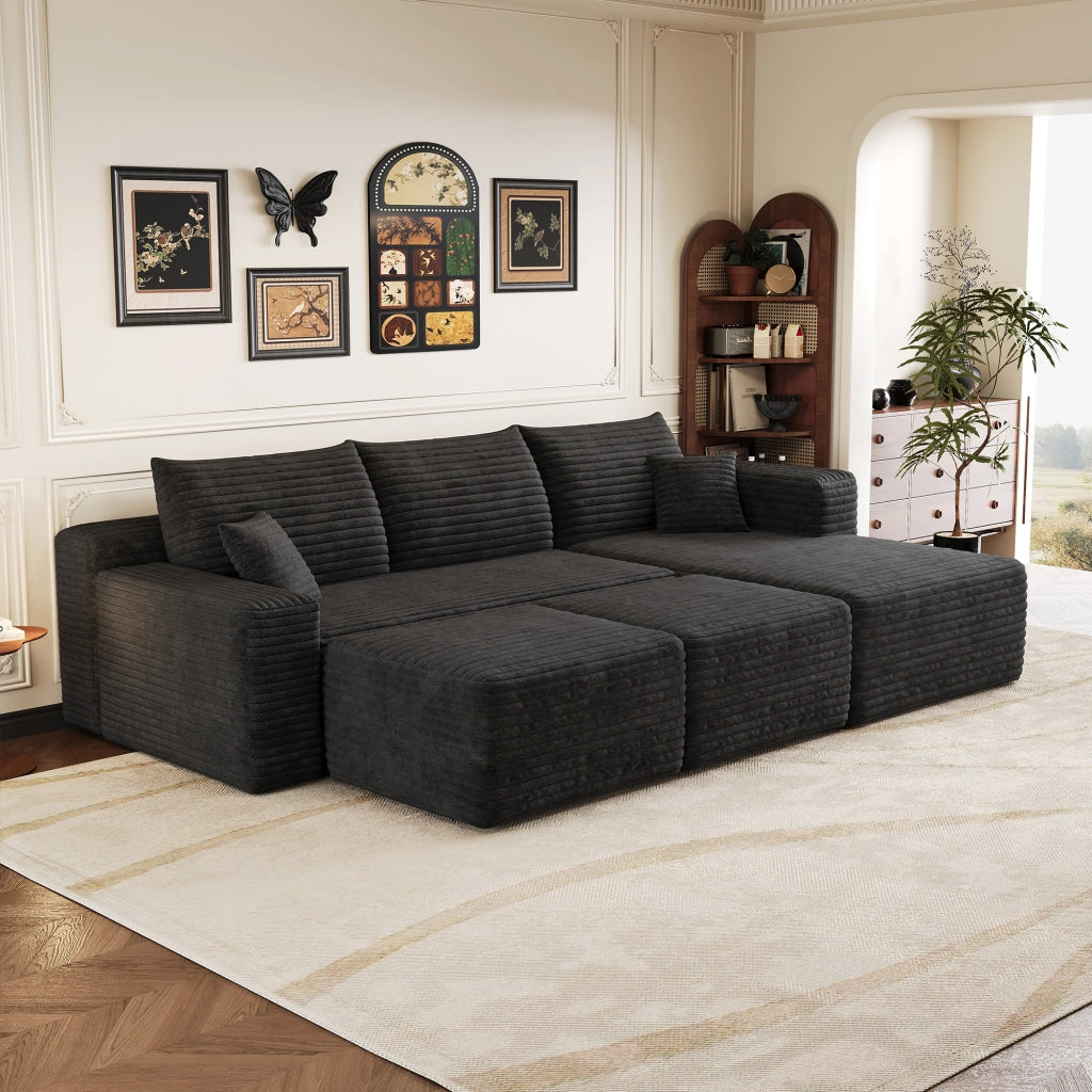 Divano ad angolo in tessuto con seduta profonda e montaggio rapido senza attrezzi in velluto a coste nero 241 × 151 × 58 cm