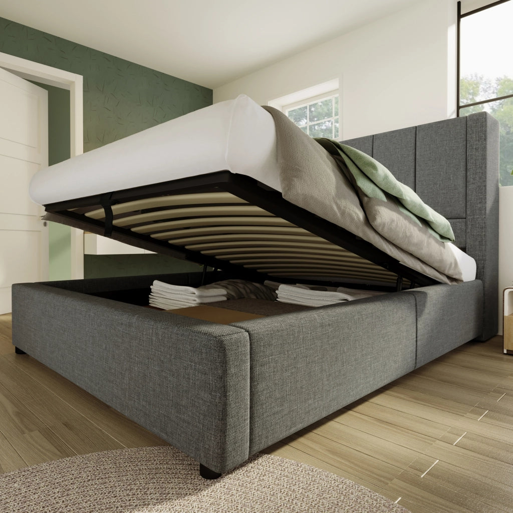 LETTO Contenitore 90x200 cm in lino grigio con porta bicchiere e stazione di ricarica