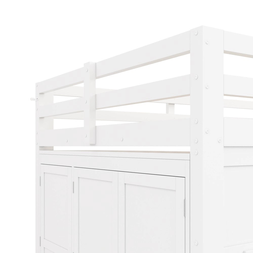 Letto a Soppalco con Armadio Integrato, Finestre e LED ¨C Xylo ¨C Legno Bianco 140x200