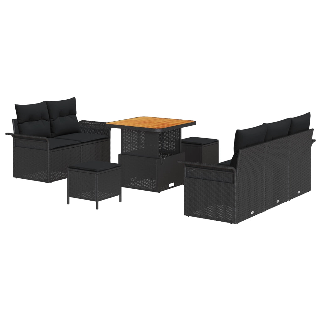Set Divano da Giardino  da 8 Pezzi con Cuscini Nero Polyrattan Acacia
