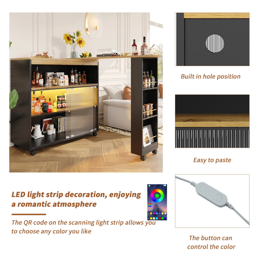 Tavolo Bar Estensibile con 3 Vani e 3 Livelli di Contenimento; LED; Ruote; in MDF; Nero; 138-204x39x105 cm