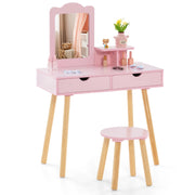 Postazione trucco per bambina 2 in 1, Toeletta e sgabello in legno con specchio rettangolare 2 cassetti Rosa-Toelette per bimbi