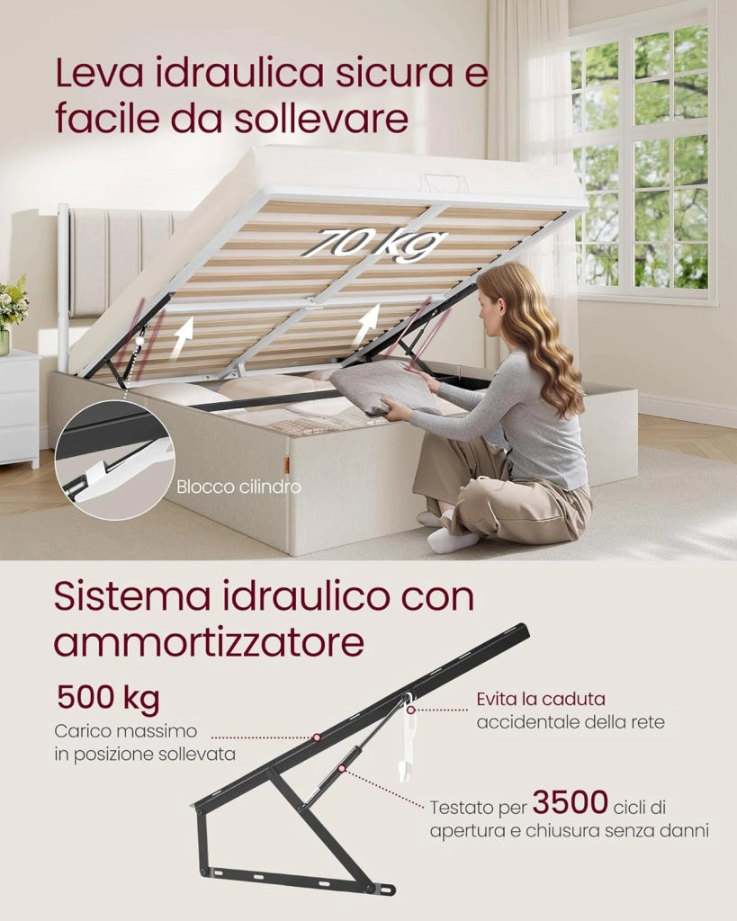 VASAGLE Struttura Letto, 160 x 200 cm, Letto Sollevabile con Contenitore, Testiera, Sollevamento Idraulico, Moderno e Semplice, Montaggio Facile, Beige Cappuccino RMB615LH01