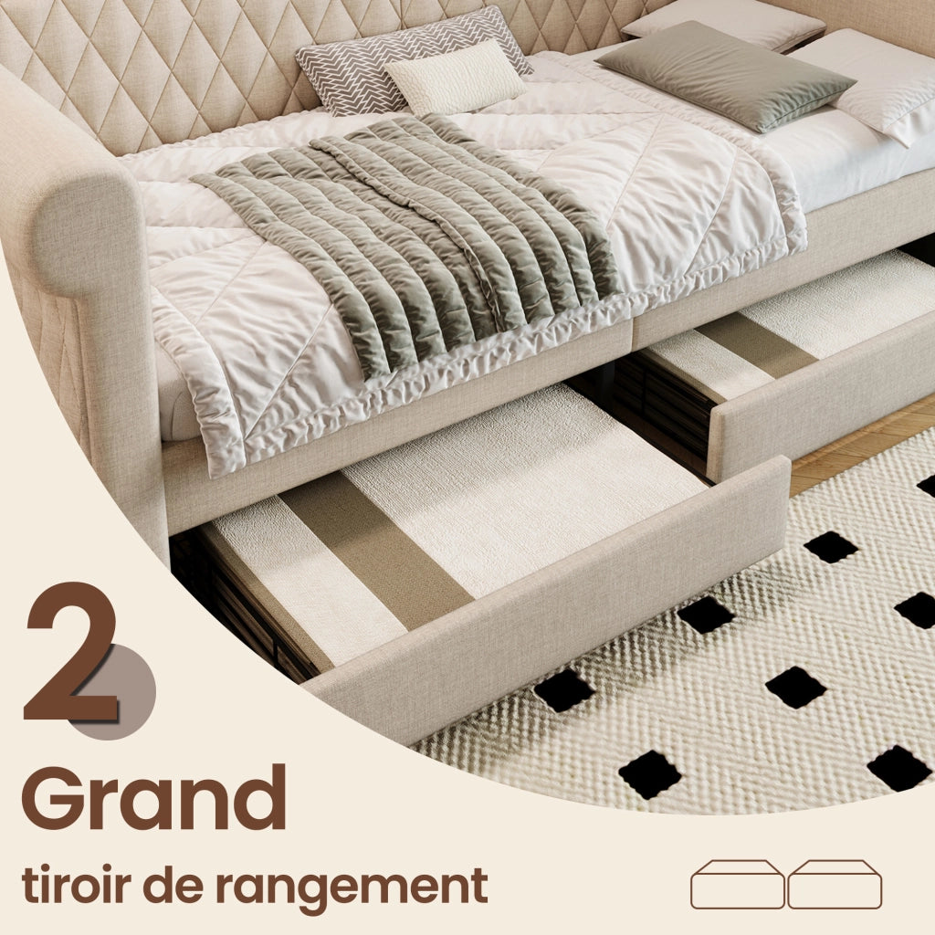 Letto a Divanetto 90 x 200 cm con 2 Cassetti; Testiera Trapuntata - in Lino - Beige