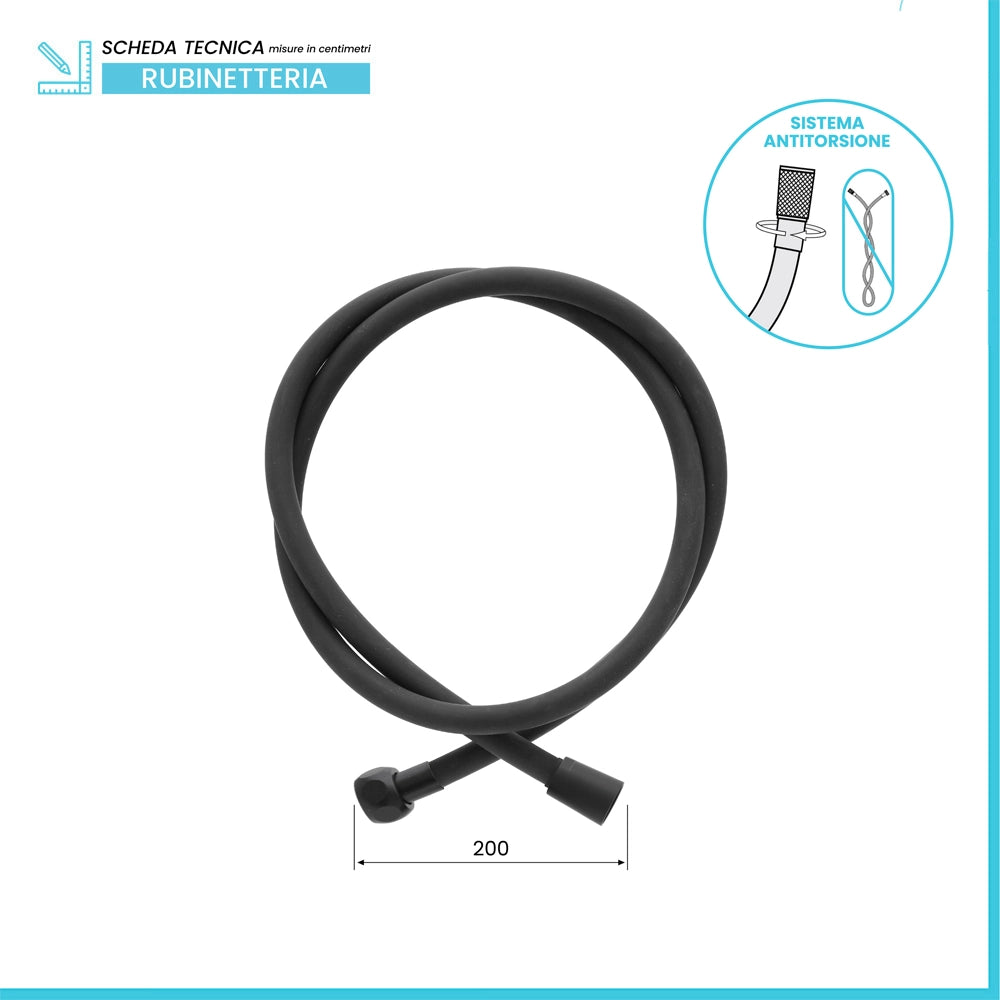 Laccio doccia 200 cm in silicone nero antitorsione Hidra