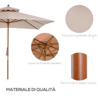 Ombrellone da Giardino 3x3m con 8 Stecche in Bamboo e Copertura Parasole a 2 Livelli, Crema