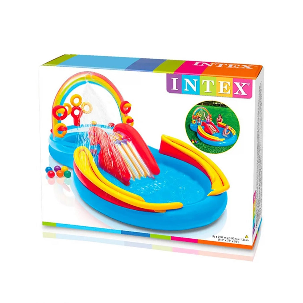 Piscina Gonfiabile per Bambini Arcobaleno 297x193x135 cm Playground con Scivolo e Piscina Multicolore