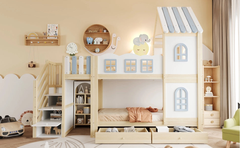 Letto a castello per bambini con sponde a nuvola e scala, 90x200 cm, bianco