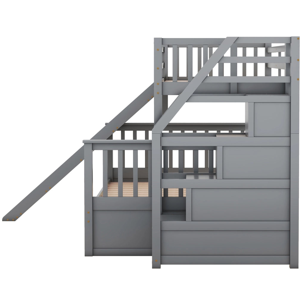 OKWISH Letto a Castello 90×200 cm e 140×200 cm, Letto 3 Posti con Contenitore, Cassetti e Scivolo, senza Materasso, Grigio
