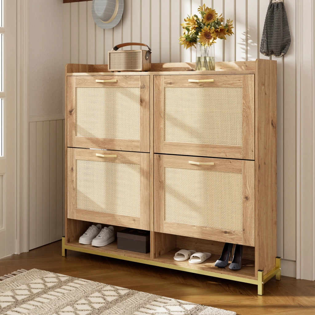 Scarpiera con 4 Ante e Ripiano Superiore; Struttura in Metallo; Stile Naturale; in MDF; Effetto Legno; 108;5×24×100 cm