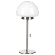 Lampada da tavolo con base in metallo argento e paralume in vetro, in stile minimalista, per la casa e l'ufficio.