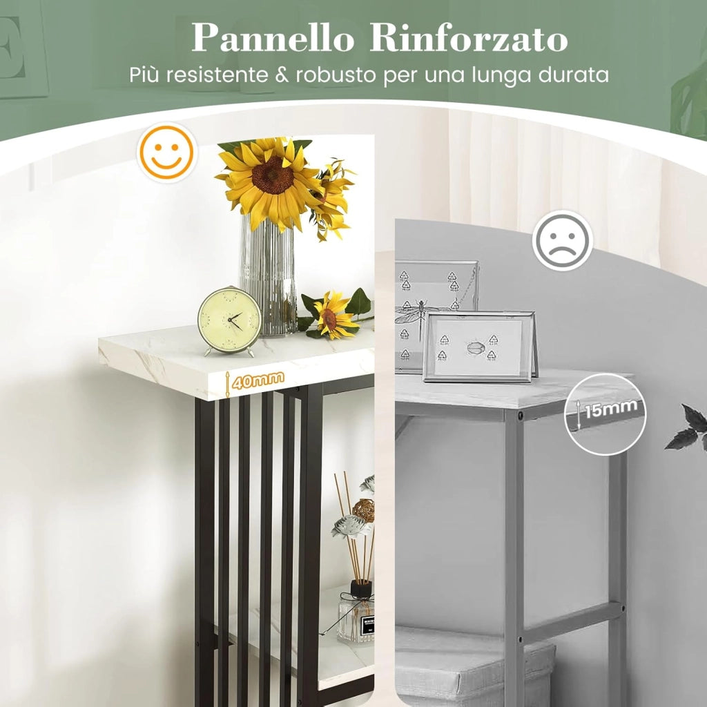 Tavolo da Ingresso Stretto e Compatto, Tavolo da Divano in Finto Marmo con Struttura in Acciaio, Consolle Moderno per Salotto e Corridoio, 120 x 29,5 x 92,5 cm (Nero e Bianco)