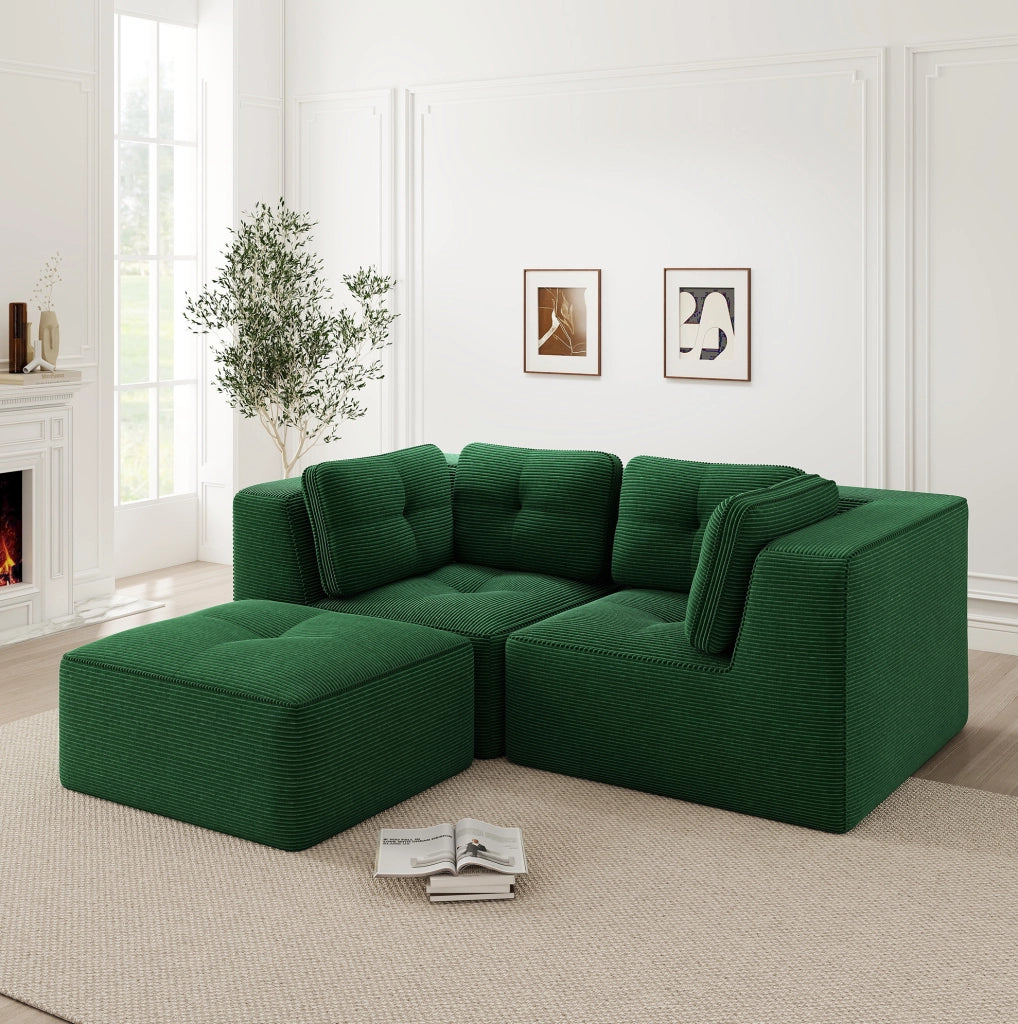 Divano angolare modulare verde in velluto a coste; configurabile