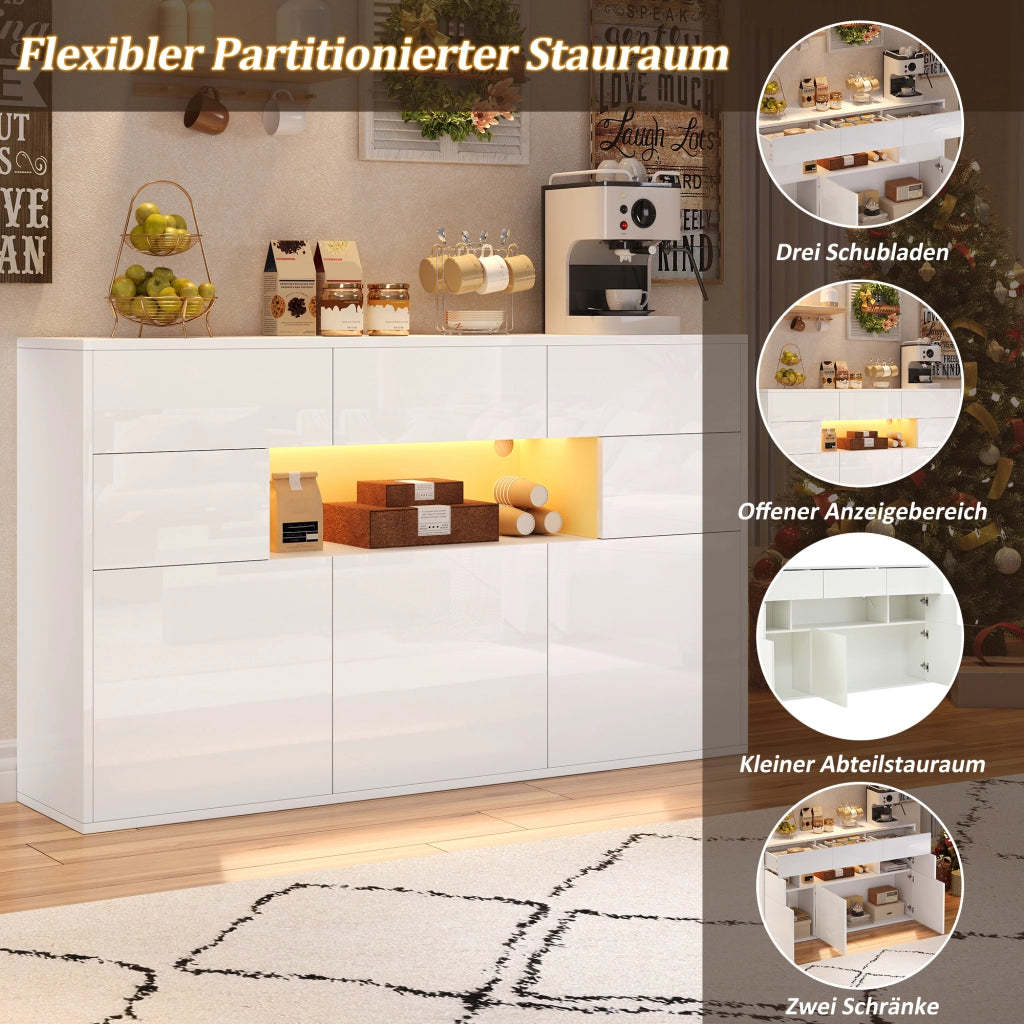 CREDENZA 140 x 30 x 82 cm bianco lucido in MDF con LED, 3 cassetti e 5 ante