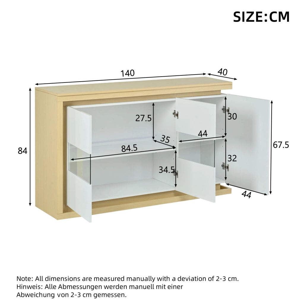 Credenza con 3 ante e ripiani regolabili; illuminazione LED per soggiorno ingresso e ufficio 140 x 40 x 84 cm bianco