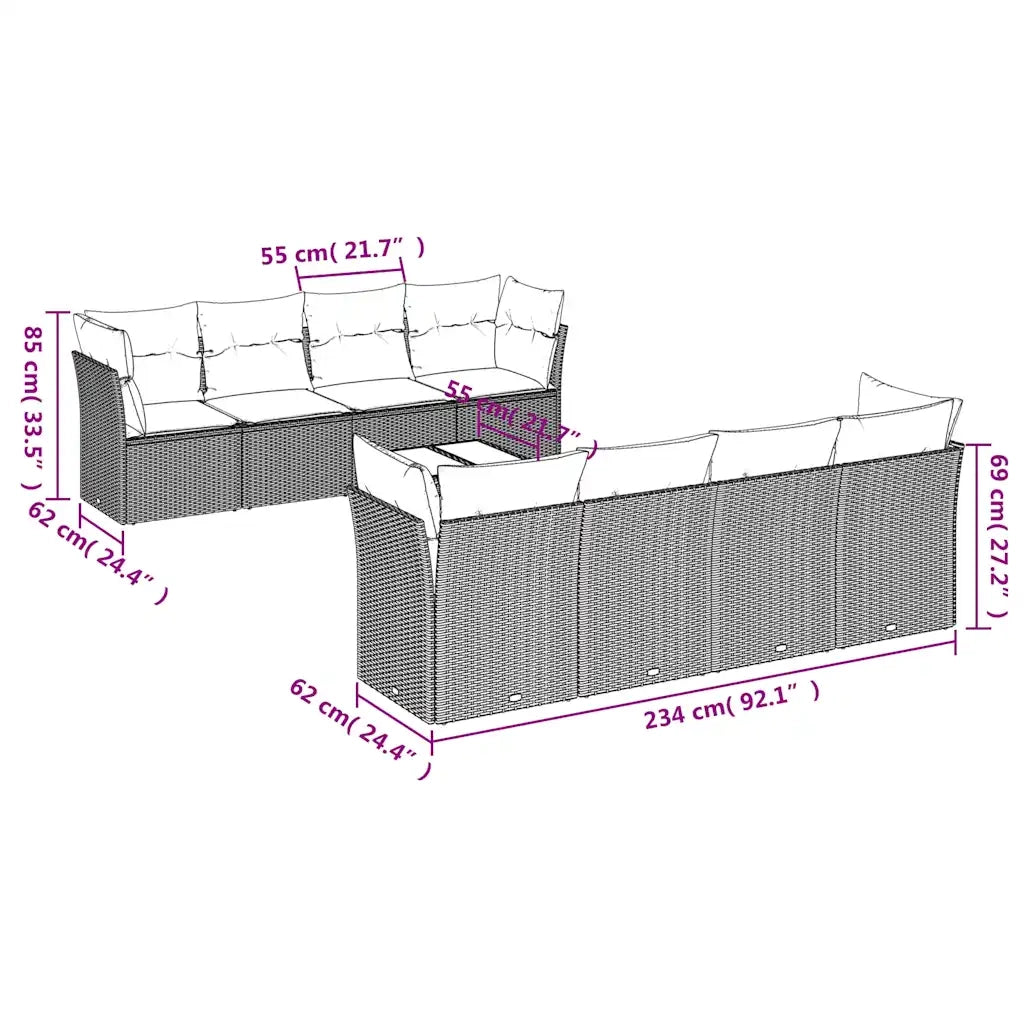 Set Divani da Giardino 9pz con Cuscini Marrone in Polyrattan