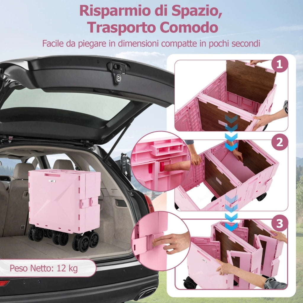 Carrello utilitario pieghevole grande con armadio a 2 livelli 5 ruote rotanti-Carrello a rulli portatile per spesa manico telescopico in metallo Rosa