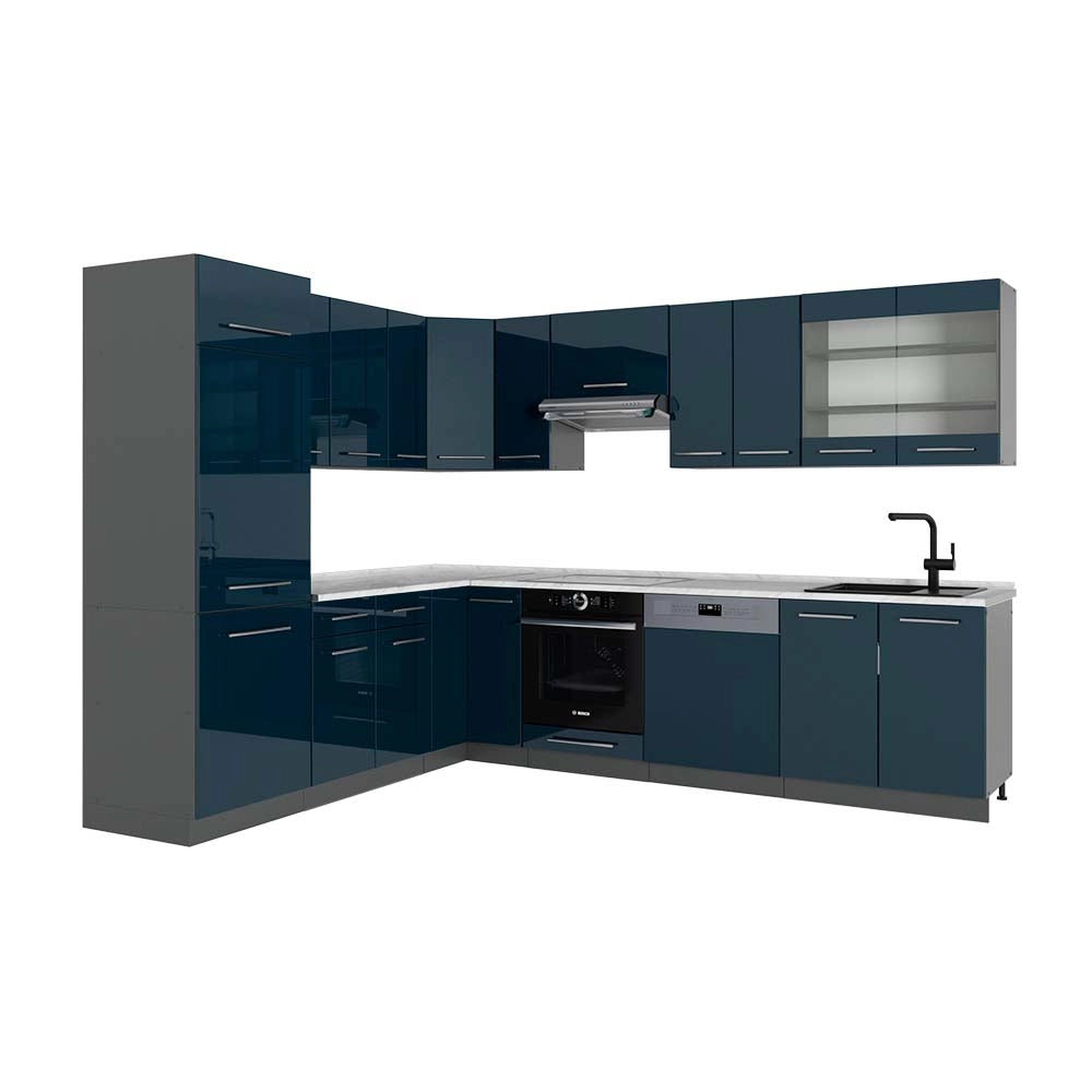 Cucina angolare completa Fame-Line Blu scuro lucido/Antracite 287 x 60 cm, PL Marmo Vicco