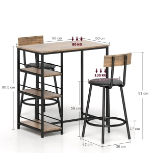 TAVOLO BAR Set da 3 pezzi 90x50x90,5 cm Rovere con 2 sgabelli