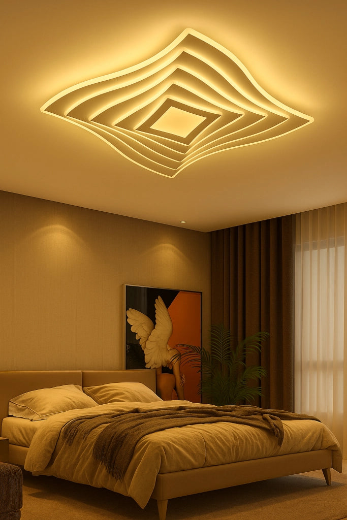 Plafoniera LED Moderna 75W con Telecomando, Dimmerabile CCT 3000K-6500K, 6000 Lumen, Design Geometrico Bianco in Acrilico e Metallo, Lampadario da Soffitto per Soggiorno Camera Ufficio
