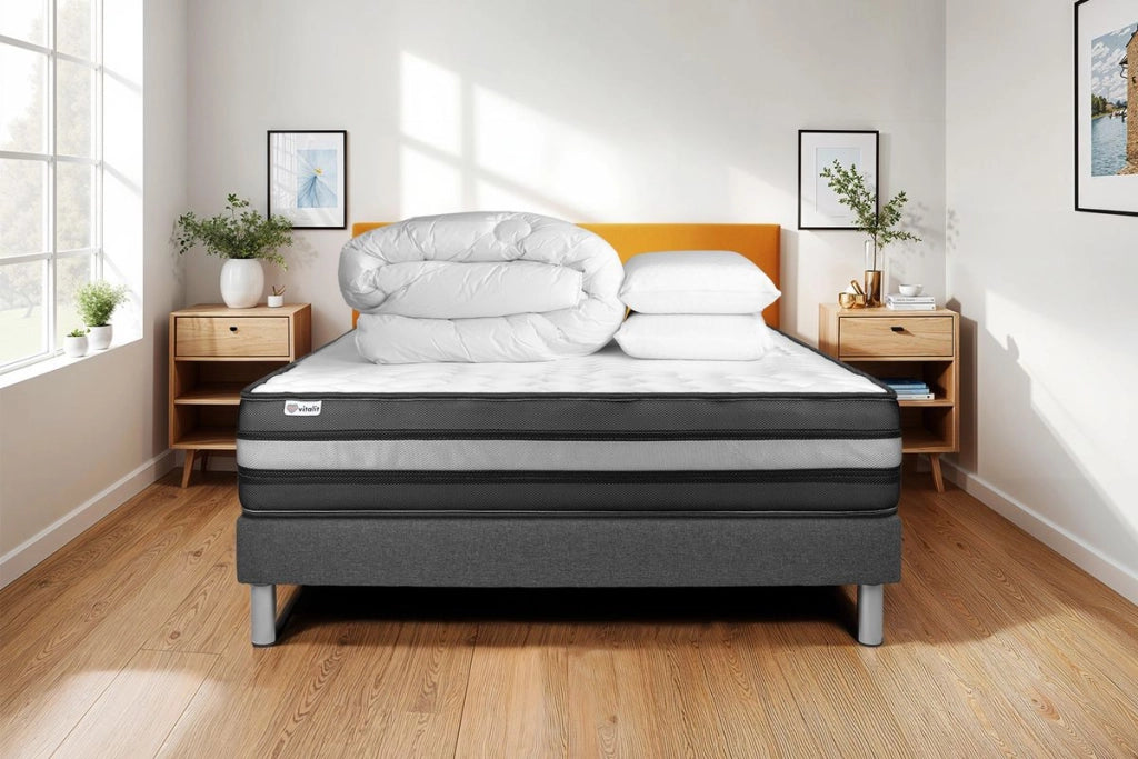 Pacchetto letto completo - Materasso 140x190cm + Box spring con doghe (kit) + 2 cuscini + Piumino - Vital Power Zen