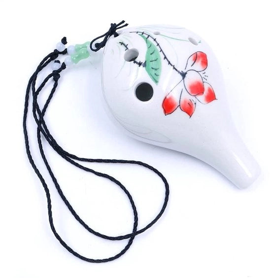 Ocarina a 6 fori - Stile bottiglia da vino - Disegno a mano - Dolomia/Ceramica - Ideale per principianti - Inclusa chiave per dita e cinturino - Strumento musicale