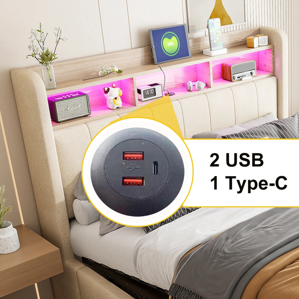 Letto imbottito 180x200 cm con LED; USB e Type-C; contenitore idraulico; testiera con vani; beige