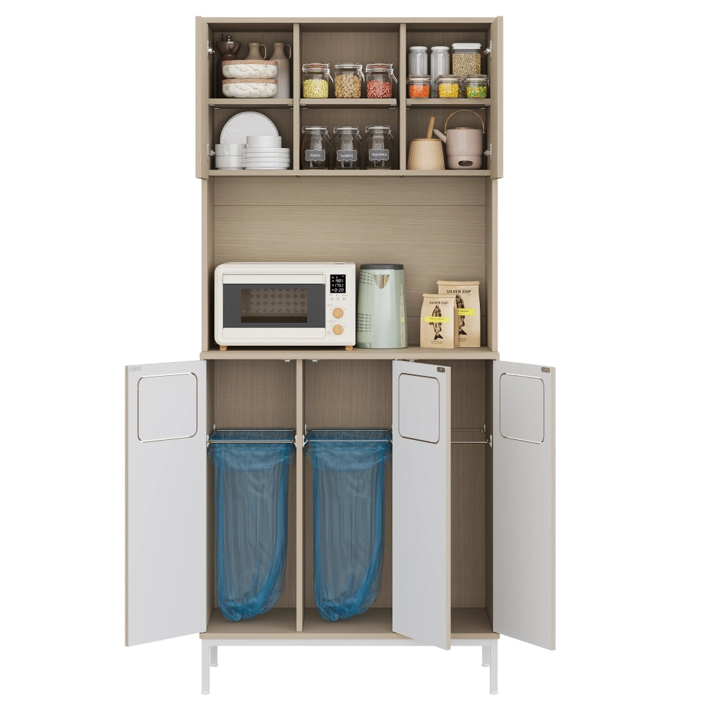 Colonna da cucina con vano rifiuti e ripiano per microonde in MDF effetto legno chiaro bianco 80 × 35 × 181 cm