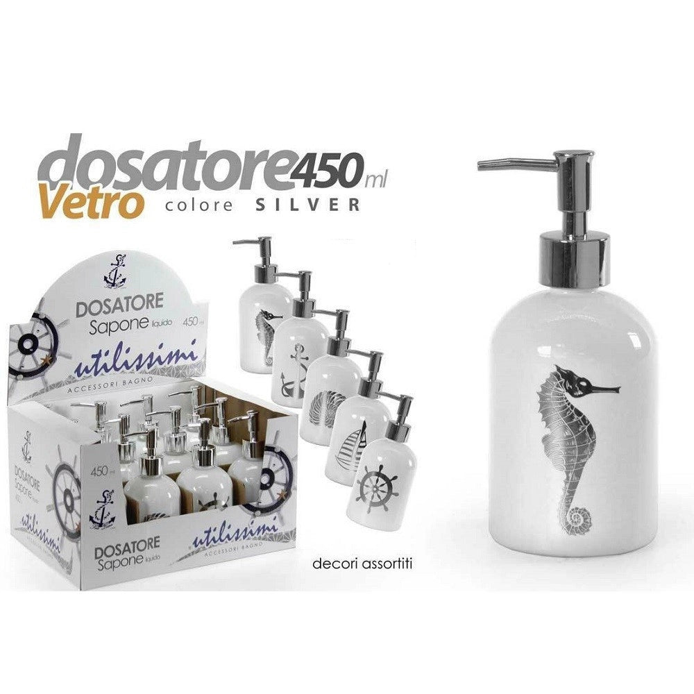 Trade Shop - Portasapone Liquido Dosatore Silver 450 Ml 8x18cm Vetro Decori Assortiti 775666 -