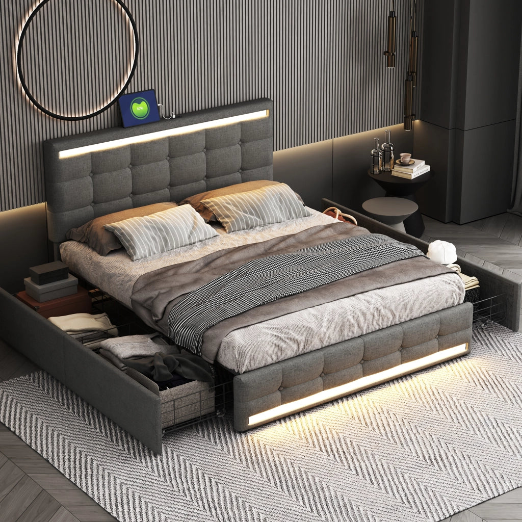 Letto imbottito con LED - Zephmum- 140x200 cm - Grigio - 4 cassetti, 2 porte USB, testiera LED