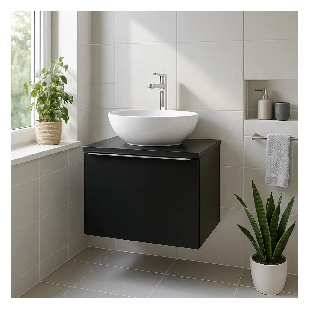 Set bagno VANTA: mobiletto sottolavabo 60cm + piano per lavabo + 1 lavabo bianco da appoggio
